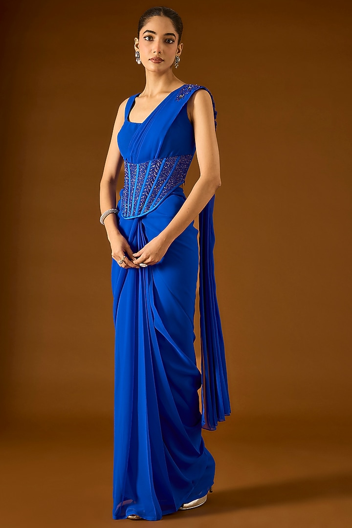 Electric Blue Georgette Pre-Draped Wedding Saree Set by Yoshita Couture at Pernia's Pop Up Shop