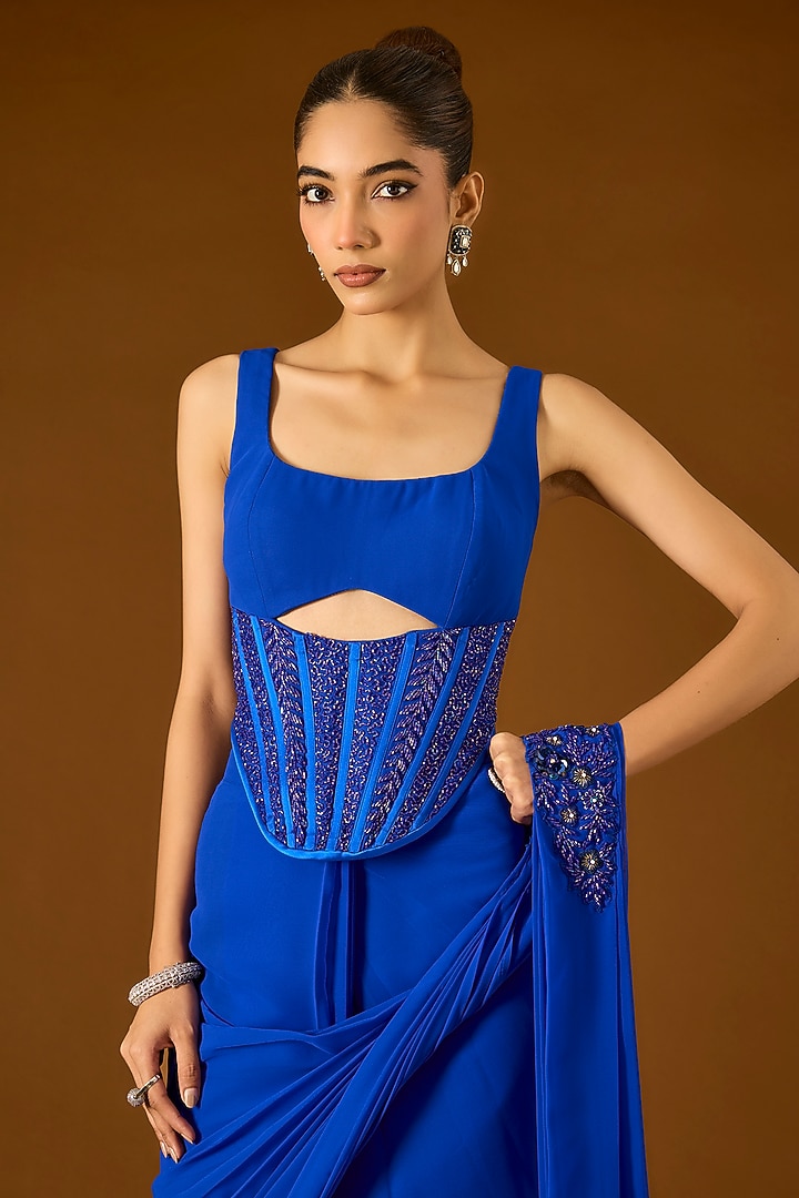 Electric Blue Georgette Pre-Draped Wedding Saree Set by Yoshita Couture at Pernia's Pop Up Shop