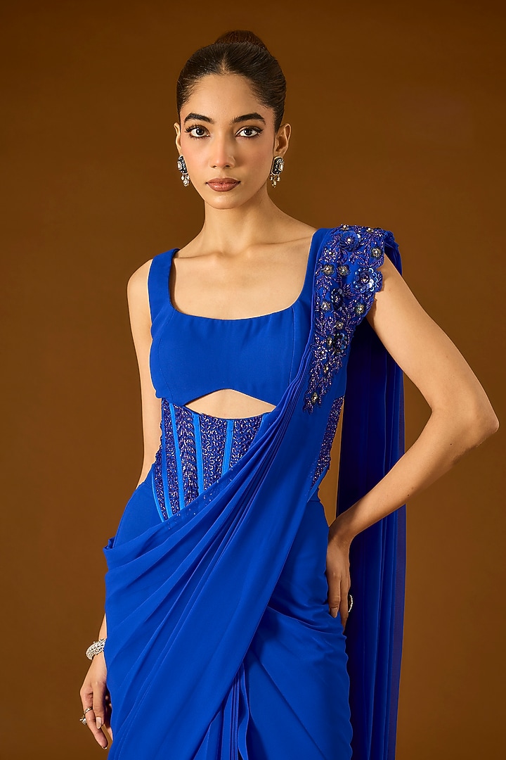 Electric Blue Georgette Pre-Draped Wedding Saree Set by Yoshita Couture at Pernia's Pop Up Shop