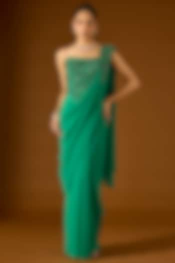 Green Georgette Pre-Draped Wedding Saree Set by Yoshita Couture at Pernia's Pop Up Shop