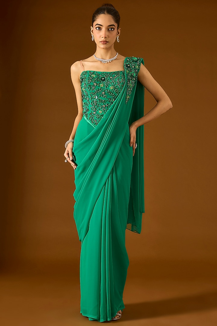 Green Georgette Pre-Draped Wedding Saree Set by Yoshita Couture at Pernia's Pop Up Shop