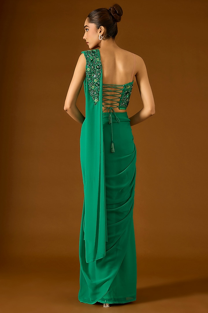 Green Georgette Pre-Draped Wedding Saree Set by Yoshita Couture at Pernia's Pop Up Shop