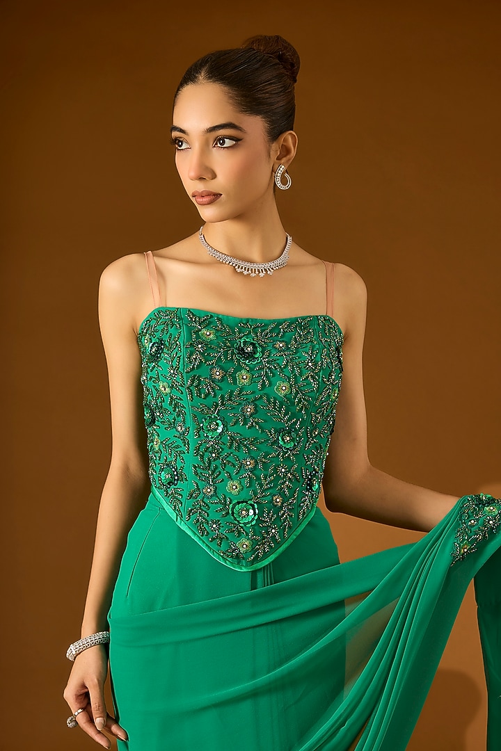 Green Georgette Pre-Draped Wedding Saree Set by Yoshita Couture at Pernia's Pop Up Shop