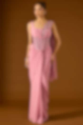 Blush Pink Georgette Pre-Draped Wedding Saree Set by Yoshita Couture at Pernia's Pop Up Shop