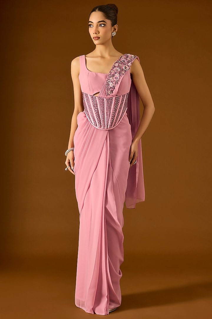 Blush Pink Georgette Pre-Draped Wedding Saree Set by Yoshita Couture at Pernia's Pop Up Shop