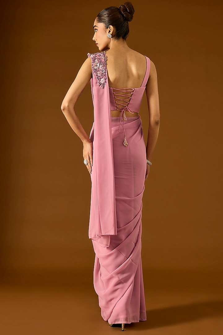 Blush Pink Georgette Pre-Draped Wedding Saree Set by Yoshita Couture at Pernia's Pop Up Shop