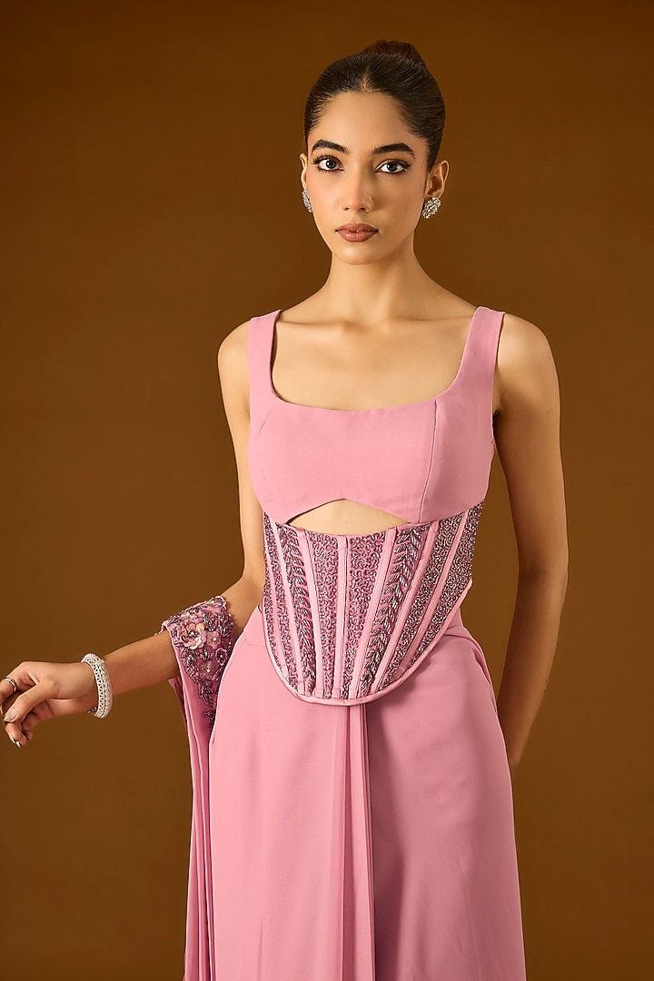 Blush Pink Georgette Pre-Draped Wedding Saree Set by Yoshita Couture at Pernia's Pop Up Shop