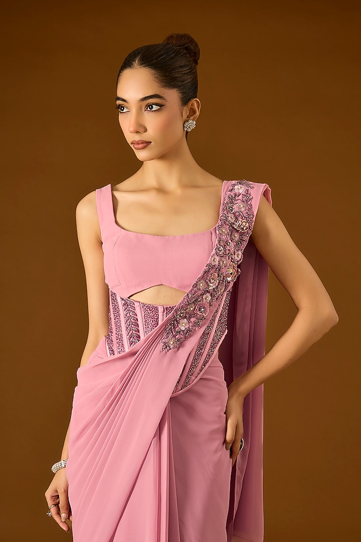 Blush Pink Georgette Pre-Draped Wedding Saree Set by Yoshita Couture at Pernia's Pop Up Shop