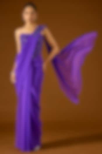 Violet Georgette Pre-Draped Wedding Saree Set by Yoshita Couture at Pernia's Pop Up Shop
