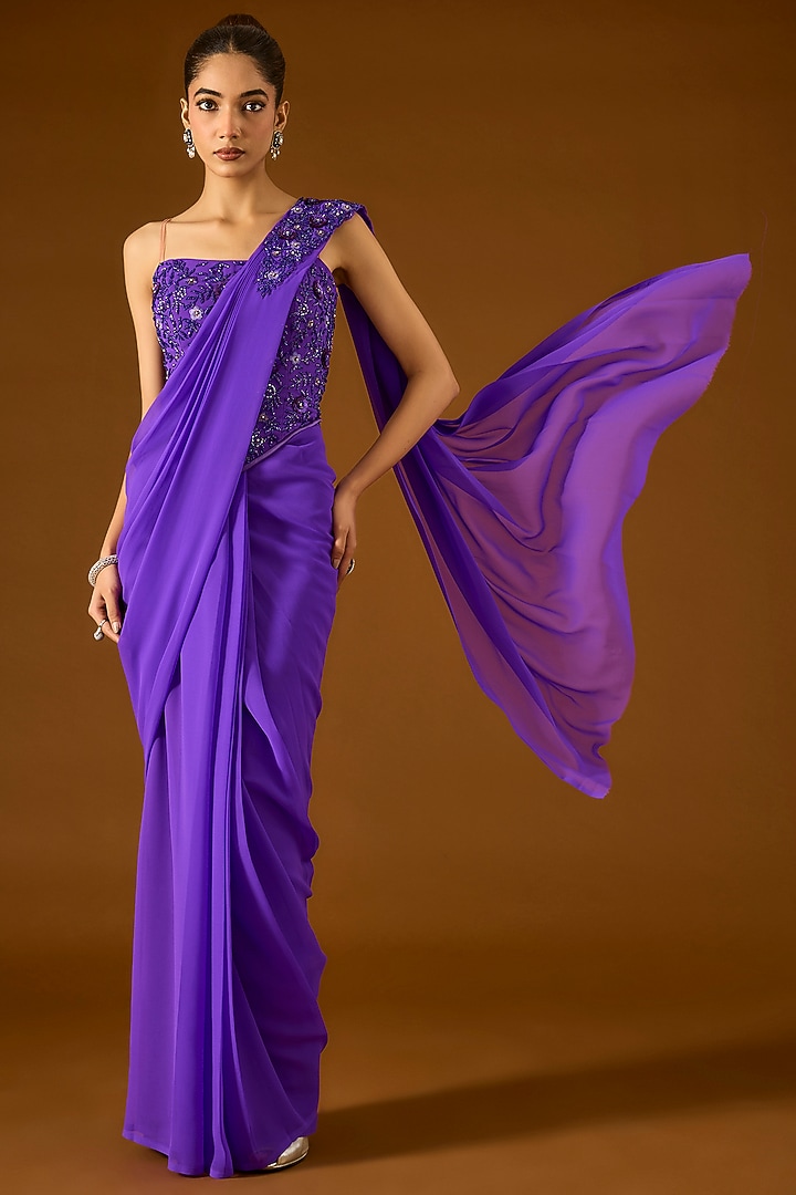 Violet Georgette Pre-Draped Wedding Saree Set by Yoshita Couture at Pernia's Pop Up Shop
