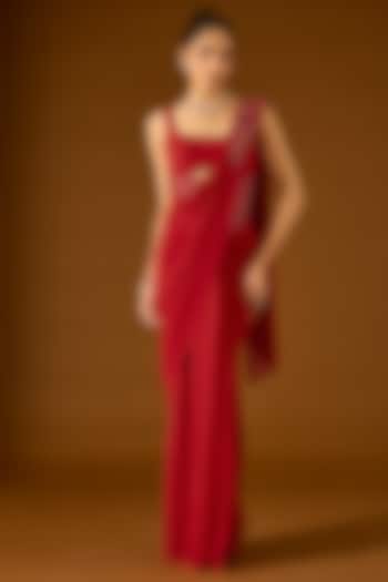 Red Georgette Pre-Draped Wedding Saree Set by Yoshita Couture at Pernia's Pop Up Shop