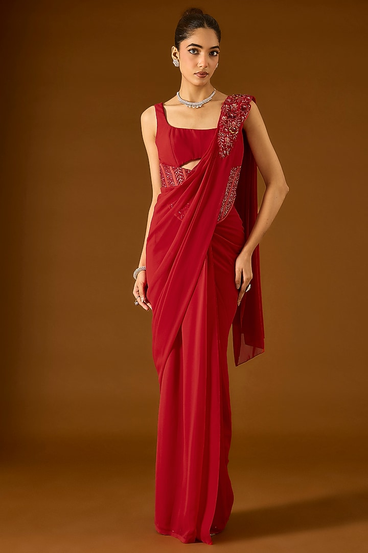 Red Georgette Pre-Draped Wedding Saree Set by Yoshita Couture at Pernia's Pop Up Shop