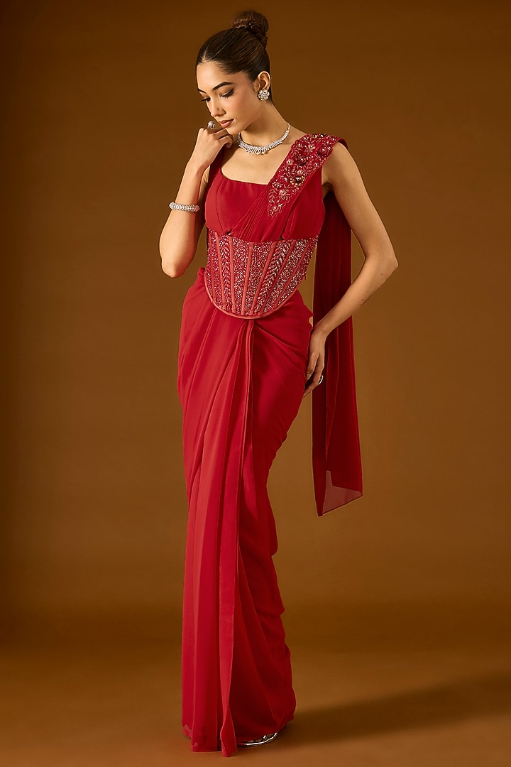 Red Georgette Pre-Draped Wedding Saree Set by Yoshita Couture at Pernia's Pop Up Shop