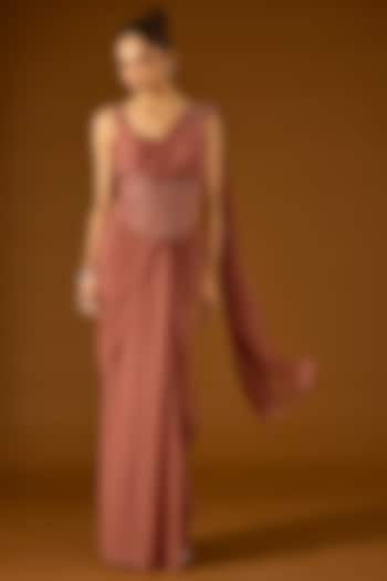 Nude Georgette Pre-Draped Wedding Saree Set by Yoshita Couture at Pernia's Pop Up Shop