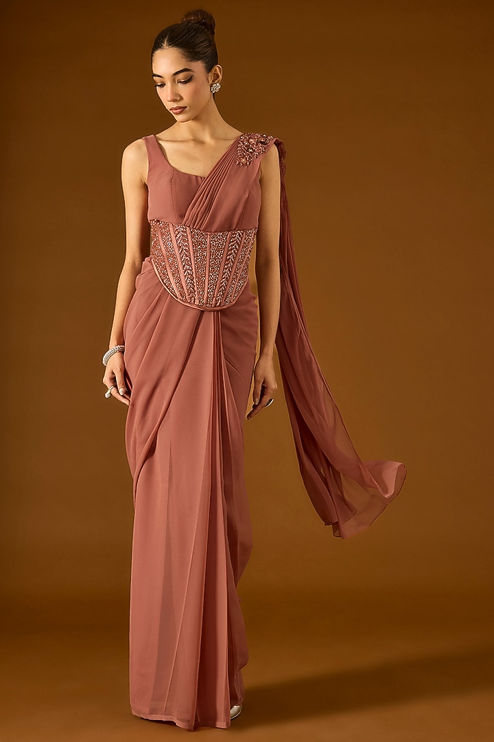 Nude Georgette Pre-Draped Wedding Saree Set by Yoshita Couture at Pernia's Pop Up Shop