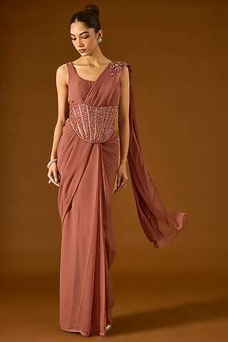 Nude Georgette Pre-Draped Saree Set by Yoshita Couture