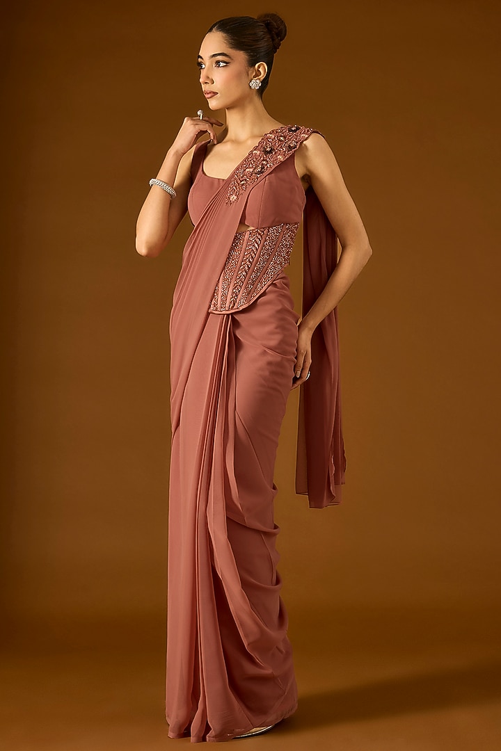 Nude Georgette Pre-Draped Wedding Saree Set by Yoshita Couture at Pernia's Pop Up Shop