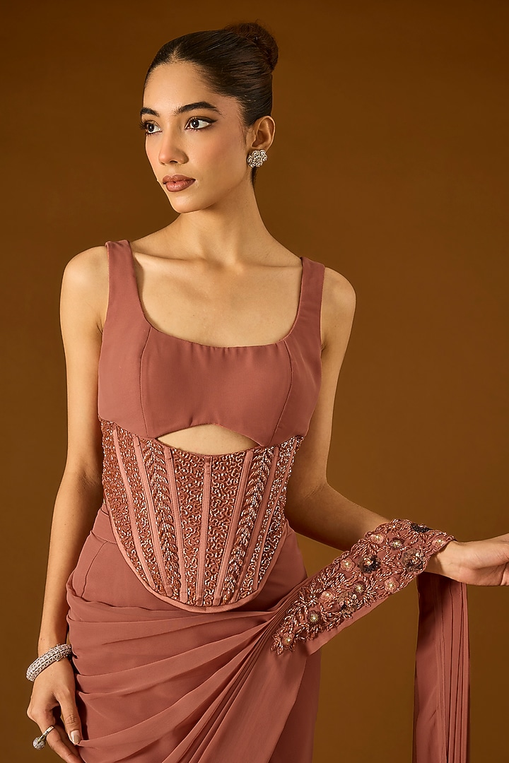 Nude Georgette Pre-Draped Wedding Saree Set by Yoshita Couture at Pernia's Pop Up Shop