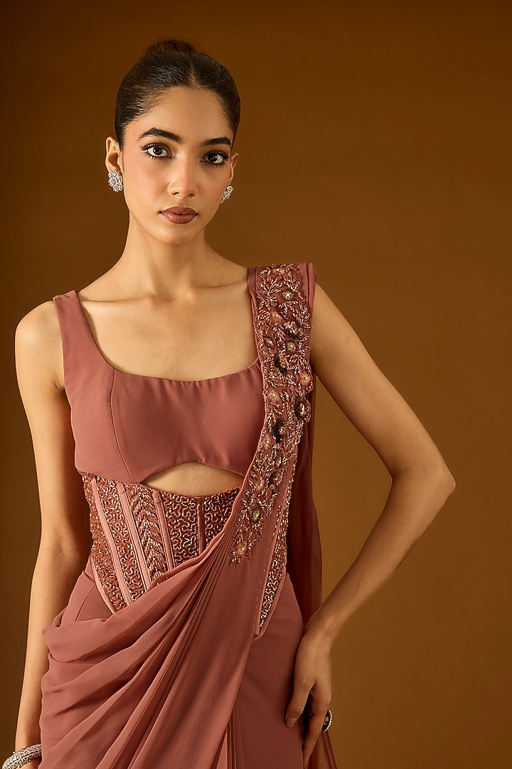 Nude Georgette Pre-Draped Wedding Saree Set by Yoshita Couture at Pernia's Pop Up Shop