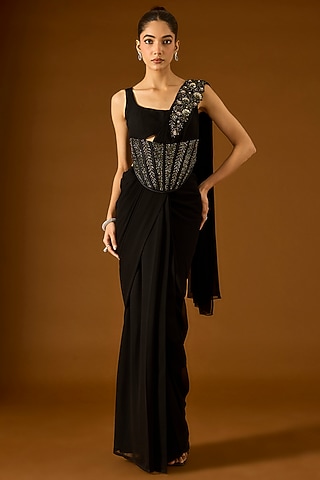 Black Georgette Pre-Draped Saree Set by Yoshita Couture