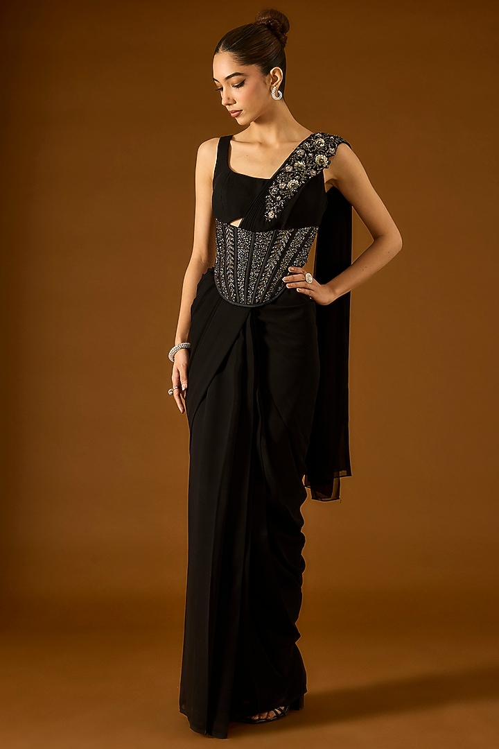 Black Georgette Pre-Draped Wedding Saree Set by Yoshita Couture at Pernia's Pop Up Shop