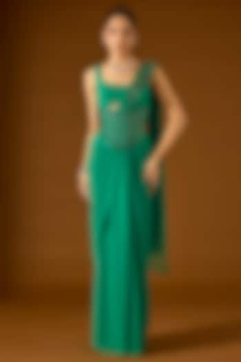 Green Georgette Pre-Draped Wedding Saree Set by Yoshita Couture at Pernia's Pop Up Shop