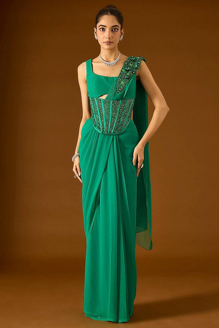 Green Georgette Pre-Draped Wedding Saree Set by Yoshita Couture at Pernia's Pop Up Shop