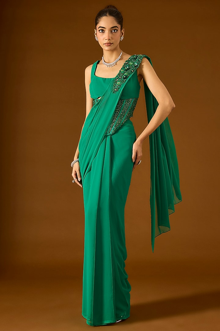 Green Georgette Pre-Draped Wedding Saree Set by Yoshita Couture at Pernia's Pop Up Shop