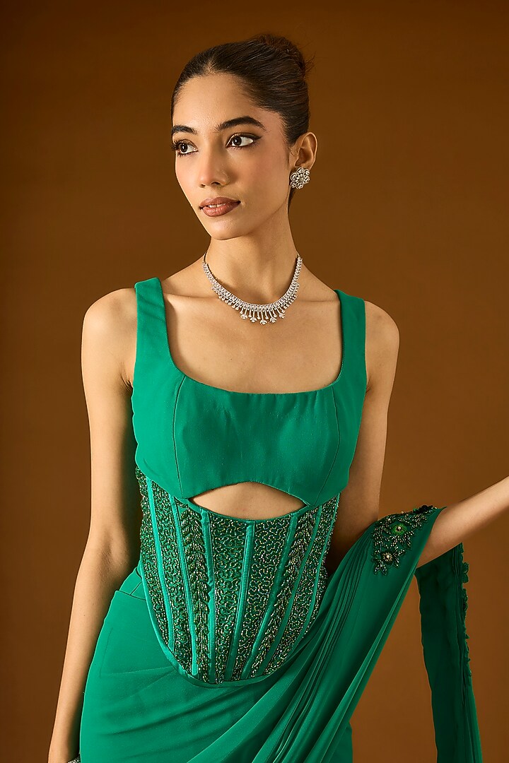 Green Georgette Pre-Draped Wedding Saree Set by Yoshita Couture at Pernia's Pop Up Shop