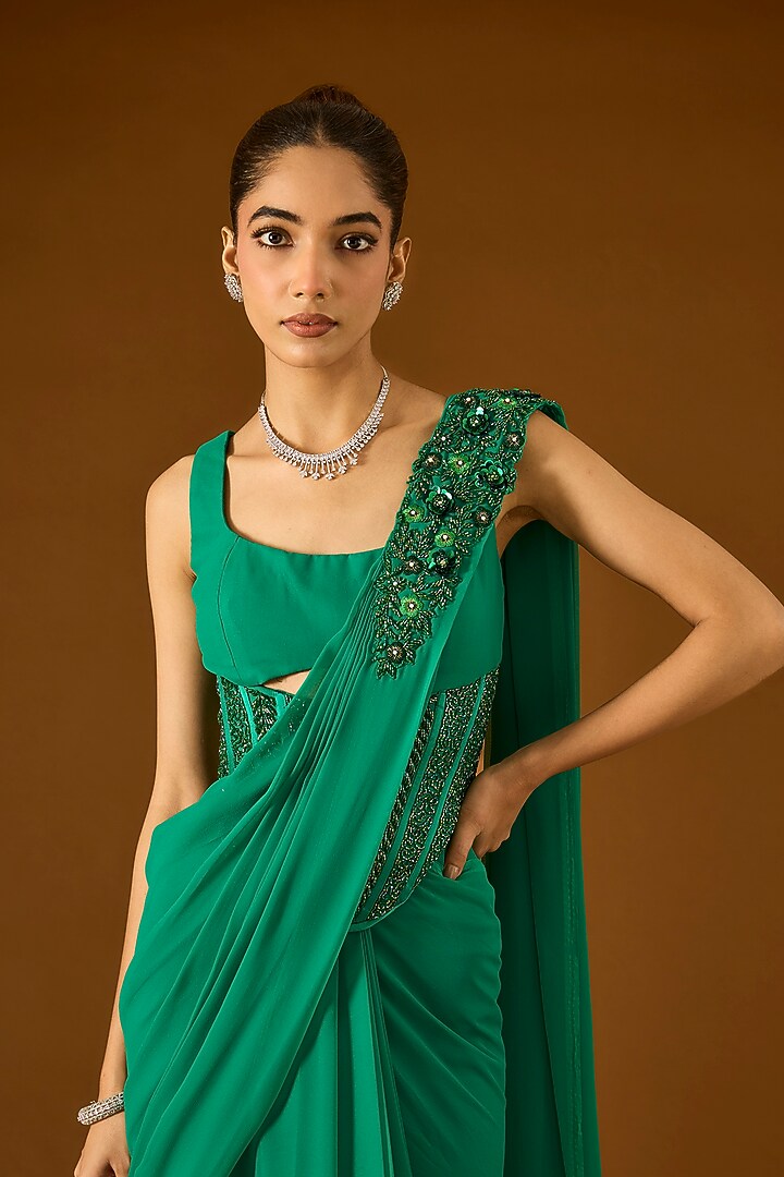 Green Georgette Pre-Draped Wedding Saree Set by Yoshita Couture at Pernia's Pop Up Shop