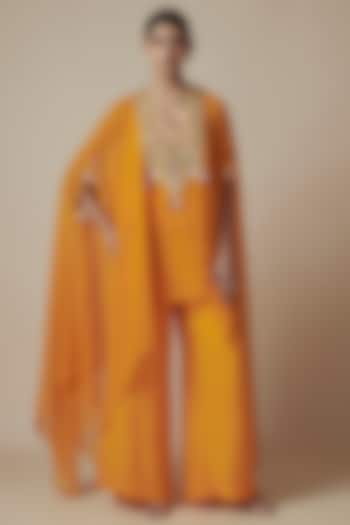 Mustard Yellow Georgette Kashmiri Hand Embroidered Kaftan Set by Yoshita Couture at Pernia's Pop Up Shop