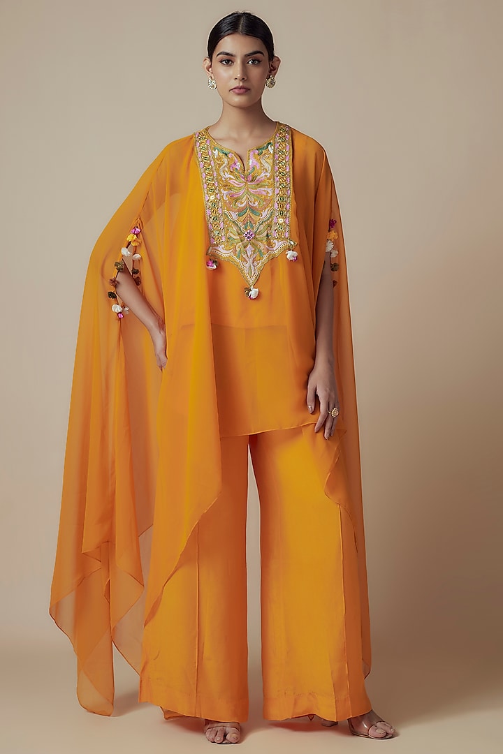 Mustard Yellow Georgette Kashmiri Hand Embroidered Kaftan Set by Yoshita Couture at Pernia's Pop Up Shop