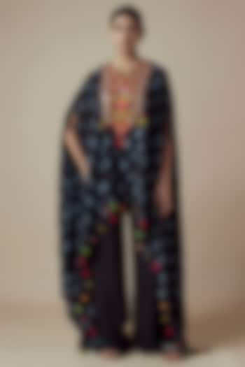 Black Tie-Dyed Crepe Kashmiri Hand Embroidered Kaftan Set by Yoshita Couture at Pernia's Pop Up Shop