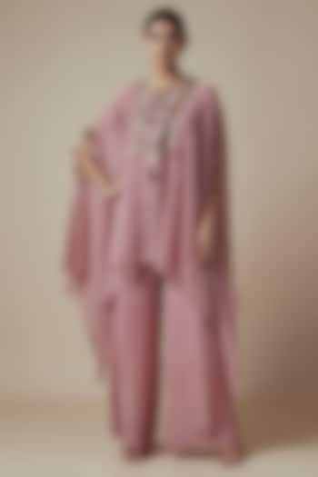 Dusty Pink Georgette Kashmiri Hand Embroidered Kaftan Set by Yoshita Couture at Pernia's Pop Up Shop