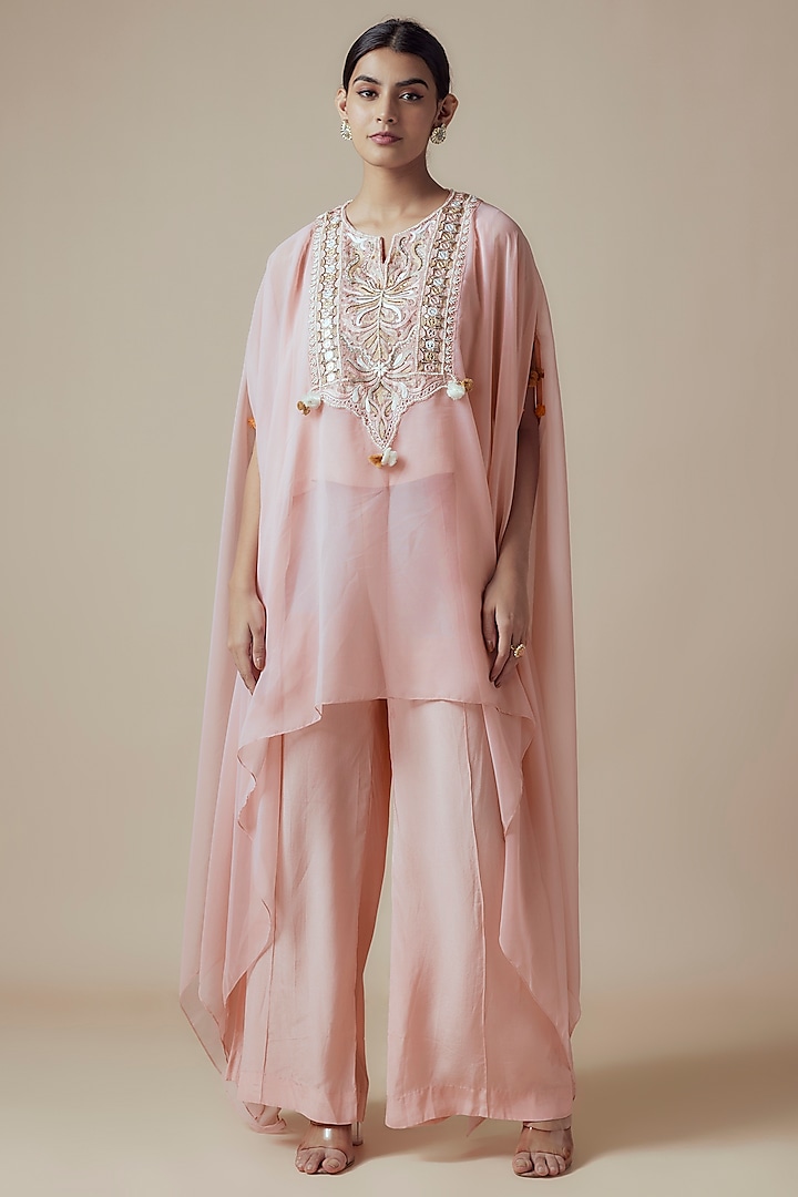 Blush Pink Georgette Kashmiri Hand Embroidered Kaftan Set by Yoshita Couture at Pernia's Pop Up Shop