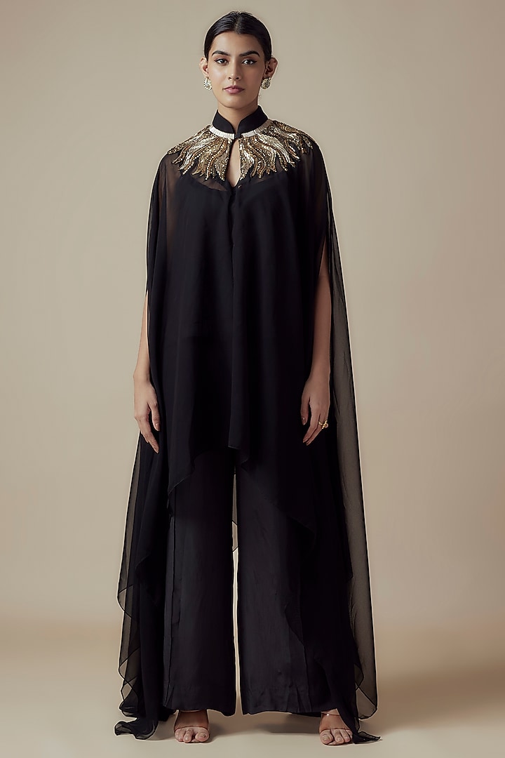 Black Georgette Hand embroidered Kaftan Set by Yoshita Couture at Pernia's Pop Up Shop