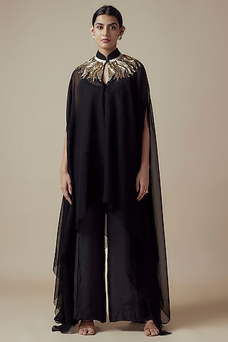 Black Georgette Hand embroidered Kaftan Set by Yoshita Couture