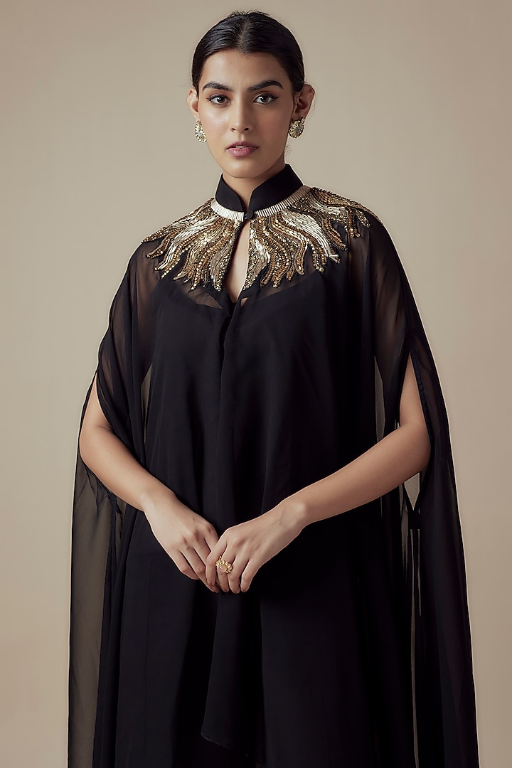 Black Georgette Hand embroidered Kaftan Set by Yoshita Couture at Pernia's Pop Up Shop