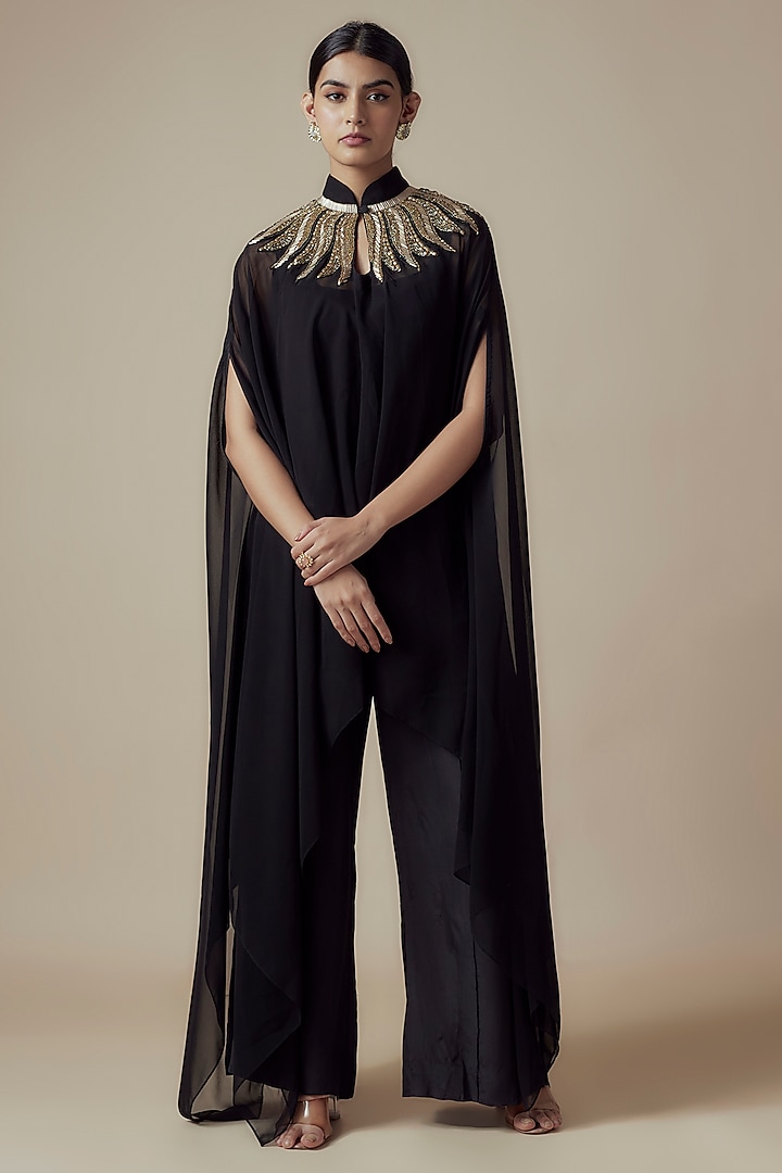 Black Georgette Hand embroidered Kaftan Set by Yoshita Couture at Pernia's Pop Up Shop