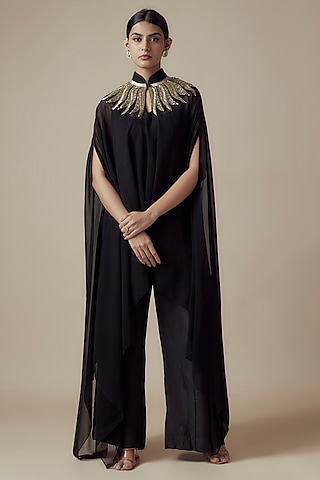 Black Georgette Hand embroidered Kaftan Set by Yoshita Couture
