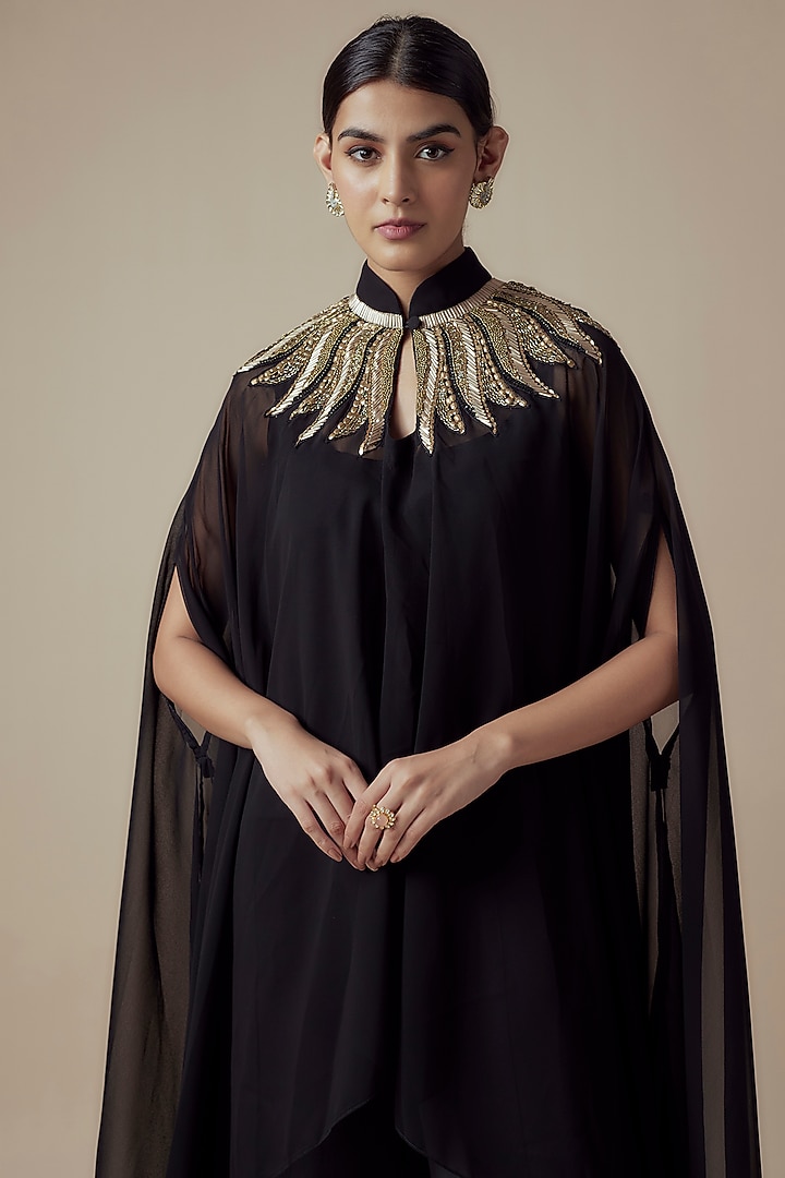 Black Georgette Hand embroidered Kaftan Set by Yoshita Couture at Pernia's Pop Up Shop