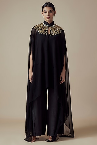Black Georgette Hand embroidered Kaftan Set by Yoshita Couture