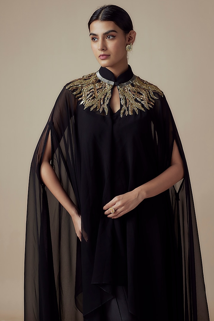 Black Georgette Hand embroidered Kaftan Set by Yoshita Couture at Pernia's Pop Up Shop