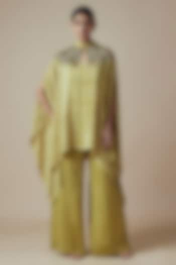 Olive Green-Gold Tie-Dye Crepe Hand embroidered Kaftan Set by Yoshita Couture at Pernia's Pop Up Shop