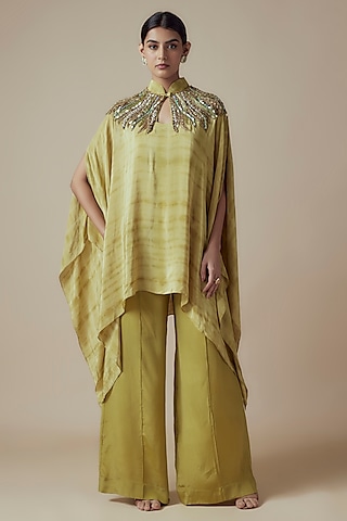 Olive Green-Gold Tie-Dye Crepe Hand embroidered Kaftan Set by Yoshita Couture