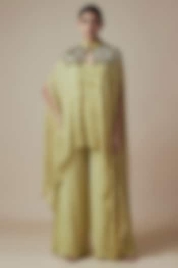 Olive Green Tie-Dye Georgette Hand embroidered Kaftan Set by Yoshita Couture at Pernia's Pop Up Shop