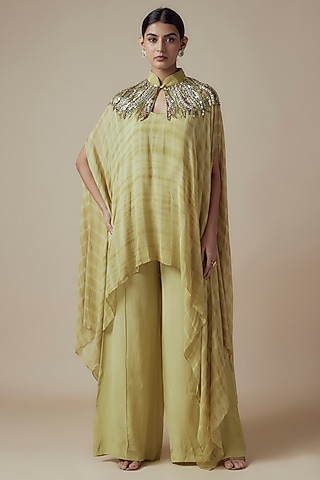 Olive Green Tie-Dye Georgette Hand embroidered Kaftan Set by Yoshita Couture