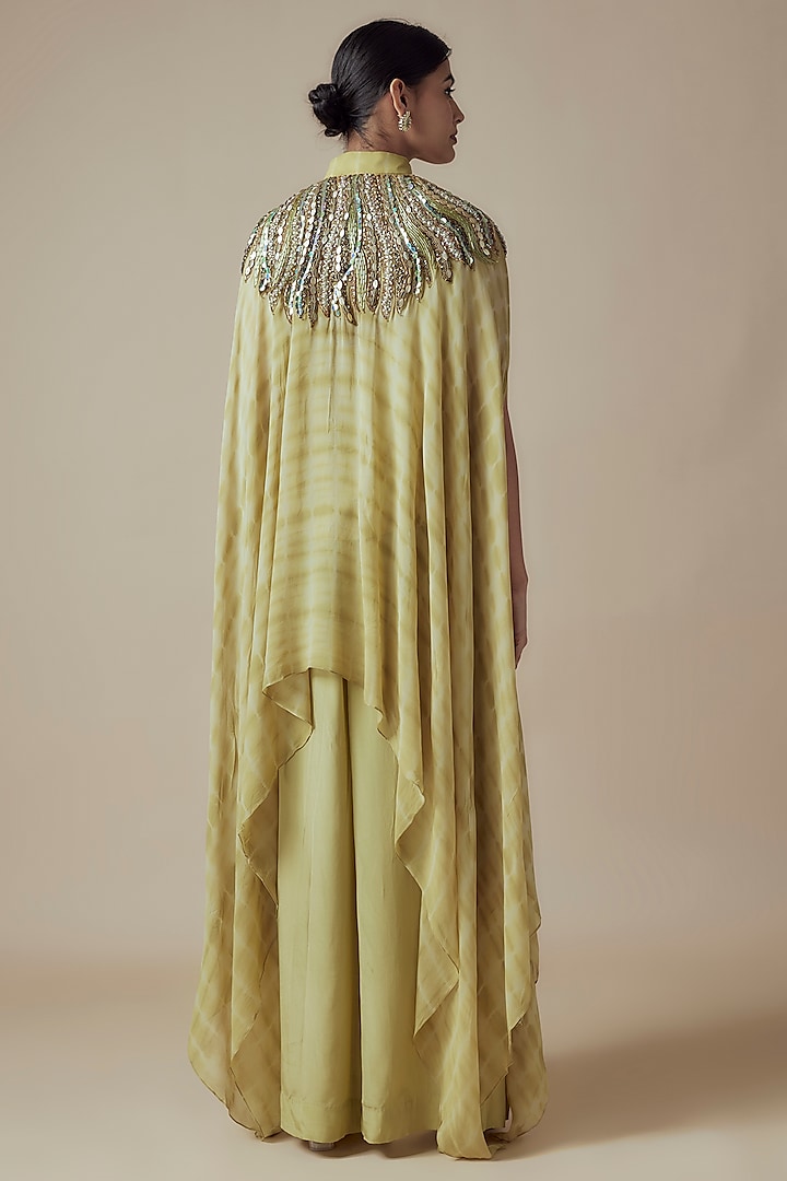 Olive Green Tie-Dye Georgette Hand embroidered Kaftan Set by Yoshita Couture at Pernia's Pop Up Shop