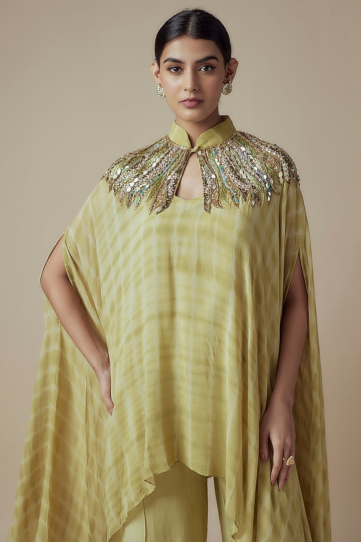 Olive Green Tie-Dye Georgette Hand embroidered Kaftan Set by Yoshita Couture at Pernia's Pop Up Shop