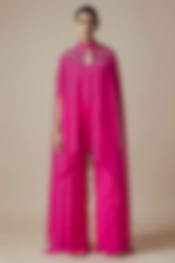 Fuchsia Pink Tie-Dye Georgette Hand embroidered Kaftan Set by Yoshita Couture at Pernia's Pop Up Shop